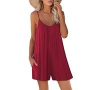 FOIDL Ladyromper - Pelele sin mangas con bolsillos, mono informal de verano for mujer, pantalones cortos de pierna ancha, tirantes finos ajustables (Color : Red, Size : L)