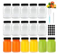 FoiiLiio 16 botellas de cristal mini shot, 60 ml, reutilizables, con tapa negra, vasos de chupito de boca ancha, transparentes, a prueba de fugas, ideales para jengibre, spa y viajes