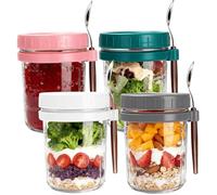 FoiiLiio 4 Pack Tarros de Avena Nocturna,con Tapa y Cuchara,400ml Overnight Oats Jar,Tarros de Cristal con Tapa Hermética,tarros de almacenamiento de vidrio para yogur,Avena,Budín