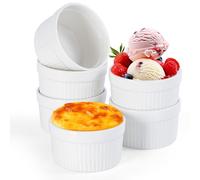 FoiiLiio 6 Ramequines de Cerámica,200ml Moldes para Soufflé,Ramequines de Porcelana,Tazones de crema,plato de tarta de cerámica,Cuencos pequeños de cerámica creme brulee,Blanco,Redondo