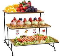 FoiiLiio Bandejas 3 Pisos para Servir Comida, 32×16cm Bandejas Reutilizables con Soporte de exhibición de Metal Negro para Alimentos, Tazón de Frutas en Bandeja para Verduras, Galletas, Postres