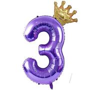 Foil Globo Numero 3, VUCDXOP 101 CM Violeta Globo de cumpleaños 3 con Corona, globos de helio número 3, Decoracion 3 Cumpleaños Niños, Globos Numeros Gigantes para Fiestas, Vuelan con Helio