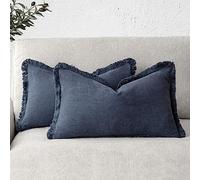 Foindtower - Juego de fundas de cojín de lino con flecos, 2 unidades, decorativas, acogedoras, estilo bohemio y rústico, borlas, suaves, lumbar, bonito toque para sofá y hogar, 30 x 51 cm, azul marino