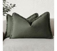 Foindtower - Juego de Fundas de cojín de Lino con Flecos, 2 Unidades, Decorativas, Estilo Bohemio y rústico, borlas, Lumbar, Bonito Toque para el sofá, Cama, hogar, 30 x 51 cm, Verde Oliva Oscuro