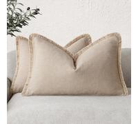 Foindtower Set de Fundas de cojín de Lino con Flecos, 2 Unidades, Decorativas, Estilo Bohemio y rústico, con borlas, Lumbar, Suaves, Acento para sofá, Cama, hogar, 30 x 50 cm, Beis Tostado