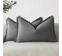 Foindtower Set de Fundas de cojín de Lino con Flecos, 2 Unidades, Decorativas, Estilo Bohemio y rústico, con borlas, Lumbar, Suaves, Acento para sofá, Cama, hogar, 30 x 50 cm, Gris