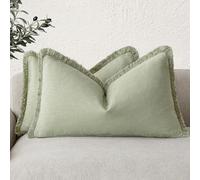 Foindtower Set de Fundas de cojín de Lino con Flecos, 2 Unidades, Decorativas, Estilo rústico, con borlas, Lumbar, Suaves, Acento para sofá, Cama, hogar, 30 x 50 cm, Verde Salvia Claro