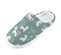 Foiosoh Pantuflas de espuma viscoelástica para hombre y mujer, pantuflas de casa para interiores y exteriores, zapatos de dormitorio de felpa cálida, Unicornio verde salvia, 8-9 Women/6-7 Wide Men