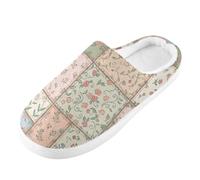 Foiosoh Pantuflas de espuma viscoelástica para hombre y mujer, pantuflas de casa para interiores y exteriores, zapatos de dormitorio de felpa cálida, Diseño floral de retazos, 14-15 Women/12-13 Wide