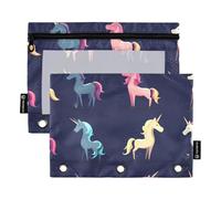 Foiosoh Paquete de 2 estuches grandes con diseño de unicornios mágicos, color azul marino, con 3 anillos, con tiradores de cremallera para guardar suministros escolares