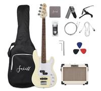 Fojill Bajo eléctrico de cuatro cuerdas de tamaño completo con amplificador de 10 W, kit de 4 cuerdas para diestros principiantes con bolsa de concierto 600D, púas, cable de ruido, cuerdas adicionales