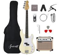 Fojill Juego de 4 cuerdas para bajo eléctrico de 4 cuerdas, amplificador de 20 W, amplificador para mano derecha, kit de iniciación, bolsa de concierto, correa, púas, cejilla, cable de ruido, cuerdas