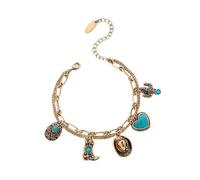 Fokayo Pulsera hecha a mano con dijes de vaquero occidental con sombrero de bota, dijes de cactus y corazón, cadena de doble capa, joyería de turquesa sintética en tono plateado antiguo (#B)