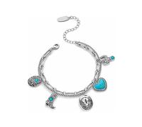 Fokayo Pulsera hecha a mano con dijes de vaquero occidental con sombrero de bota, dijes de cactus y corazón, cadena de doble capa, joyería de turquesa sintética en tono plateado antiguo (#A)