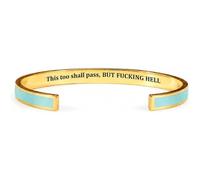 Fokayo Pulsera tipo brazalete con el mantra Esto también pasará, brazalete hipoalergénico de acero inoxidable con mensaje oculto, regalo de joyería inspirador y divertido (Blue)