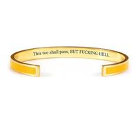 Fokayo Pulsera tipo brazalete con el mantra Esto también pasará, brazalete hipoalergénico de acero inoxidable con mensaje oculto, regalo de joyería inspirador y divertido (Yellow)