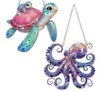 Fokenzary Kits de Arte de Diamante Adultos Pintura de Diamante 5D Adornos Colgantes de Pulpo y Tortuga con Cadena Pintura de Gemas DIY Decoración Artística Especial (24 * 24cm*2 piezas)