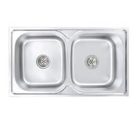 Foknhdi Fregadero doble de acero inoxidable 84 x 48 x 22 cm con sifón | Cuencos dobles profundos para sartenes grandes en la cocina. Superficie plateada de fácil cuidado con desagüe incluido.
