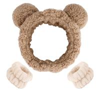 Fokroin 3 Piezas Diadema de Maquillaje, Diadema Maquillaje Mujer, Diadema Facial De Felpa Spa, Diademas Felpa Pelo de Oso Orejas con 2 Muñequeras, Baño Y Maquillaje (Marrón, Orejas De Oso)