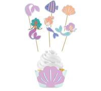 Folat 23937 Decoración Sirena de cumpleaños azul con purpurina iridiscente - Set de decoración para cupcakes - Mermaid Magic - 6 sets - Decoraciones de sirenas para fiestas de mundo submarino