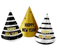 Folat B.V.- Folat Sombreros de Fiesta-BlackGold HNY-10 cm-6 Piezas-Nochevieja Decoracion Fin Oro Negro, Feliz año Nuevo, Happy New Year, Multicolor (63752)