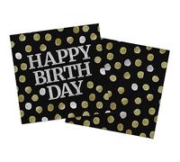 Folat- Servilletas Glossy Black 'Happy Birthday' 33x33cm-20 Piezas, Color dorado, Mittel (68002)
