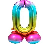 Folat-Zahl Globo de plástico Rainbow con base-Número 0-aprox. 81 cm, color, Costumes (8714572642903)