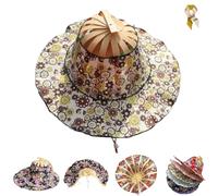Foldable Hand Fan Sun Hat,Women 2 in 1 Flower Pattern Sunhat,Summer Travel Portable Bamboo Frame Floral Printed Beach Hats (B)