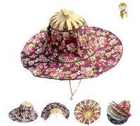 Foldable Hand Fan Sun Hat,Women 2 in 1 Flower Pattern Sunhat,Summer Travel Portable Bamboo Frame Floral Printed Beach Hats (I)