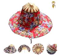 Foldable Hand Fan Sun Hat,Women 2 in 1 Flower Pattern Sunhat,Summer Travel Portable Bamboo Frame Floral Printed Beach Hats (D)