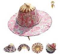 Foldable Hand Fan Sun Hat,Women 2 in 1 Flower Pattern Sunhat,Summer Travel Portable Bamboo Frame Floral Printed Beach Hats (C)