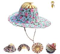 Foldable Hand Fan Sun Hat,Women 2 in 1 Flower Pattern Sunhat,Summer Travel Portable Bamboo Frame Floral Printed Beach Hats (J)