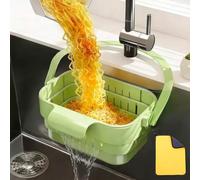 Foldable Hanging Sink Drain Basket, Stretchable Kitchen Colander with Flip Cover, Expandable Foldable Sink Hanging Drain Basket Strainer Colander for Fruits Vegetables (Green)