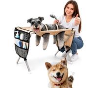 Foldable Pet Bathing Stand, Pet Grooming Bath Stand, Foldable Pet Grooming Hammock with Stand for Small Dogs and Cats, Ground Support Design, Heavy-Duty Aluminum Frame, Breathable Washable Mesh，Khaki