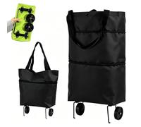 Foldable Shopping Trolley on Wheels, Foldable 2-in-1 Shopping Bag (Black)