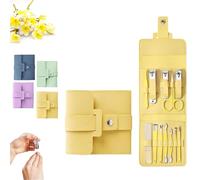 Folding Leather Manicure Kit, Portable Nail Clipper Set, Stainless Steel Nail Clipper Set with Cuticle Trimmer & Pedicure Care Tools (Yellow,12Pcs)