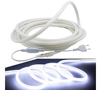 FOLGEMIR Tira de cuerda de neón redonda, 5m - Blanco Frío, luminiscencia 360°, flexible 2835 LED sin puntos de luz, iluminación 230V, IP65 impermeable, DIY Decoración