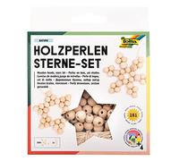 folia 22520 - Juego de perlas de madera y estrellas Nature, juego de manualidades con 160 bolas de madera y una cuerda de color natural para enhebrar, para manualidades de estrellas y colgantes