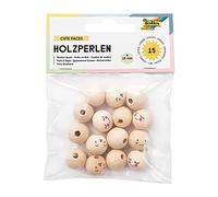 folia 22981 Cuentas de madera Cute Faces, 15 bolas redondas de madera con caras divertidas, estampadas, colores naturales, diámetro de 15 mm, para enhebrar cadenas o figuras, multicolor