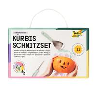 folia 23008 - Set de metal para tallar calabazas CARVE YOUR WAY, con 4 herramientas para tallar, set para niños y adultos, incl. plantillas y pegatinas