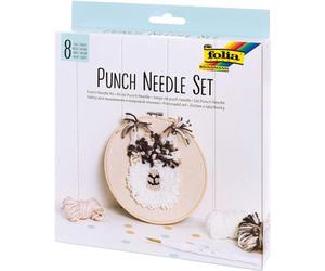 Folia 23411 - Juego de agujas para perforar con diseño de alpaca esponjosa, 8 piezas con marco de bordado, tela de monjes, aguja de punchón, ayuda para enhebrar y lana, color blanco y marrón