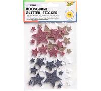 folia 23786 - Pegatinas de Goma Musgo con Purpurina, Estrellas Surtidas en Blanco, Oro, Rosa y Azul, Diferentes tamaños, 40 Unidades - Ideal para Decorar y Decorar Tarjetas de felicitación, etc.