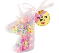 folia 32021 - Mezcla de abalorios UNICORN, 170 piezas de diferentes formas y colores, banda elástica de 2 m para enhebrar y caja de almacenamiento