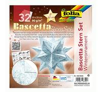 folia 402/2020 - Juego de manualidades Bascetta estrella adorno de invierno blanco/azul hielo, 32 hojas, 20 x 20 cm, tamaño terminado de la estrella de papel aprox. 30 cm, con instrucciones detalladas