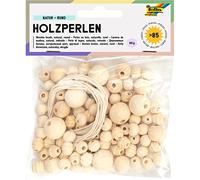folia 84 Perlas de Madera, en 4 tamaños Diferentes, para Manualidades de Cadenas y Pulseras, Incluye 2 Cordones de Aprox. 85 cm, Color Natural, Naturaleza, talla única