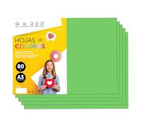 Folios De Colores A3 80g Para Impresoras y Manualidades, Papel Surtido Para Niños, Paquete Folios Colores Para Tarjetas, Escuela y Proyectos Creativos m-office (100h, Verde)
