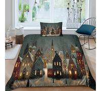 Folk Art Style Christmas Village Juego De Cama, 3D Impresión, Funda De Edredón, Y Fundas De Almohada 3 Unidades Microfibra para Niños Y Adultos Single（135x200cm）