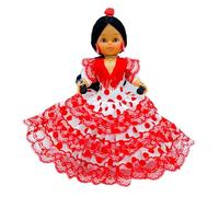 Folk Artesanía Muñeca Regional colección 35 cm con Flor Vestido típico Andaluza Flamenca Andalucía España, Nueva y Original. (Blanco Lunar Rojo)
