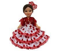 Folk Artesanía Muñeca Regional colección de 25 cm con Vestido típico Andaluza o Flamenca Andalucía con peineta España. (Blanco Lunar Rojo)