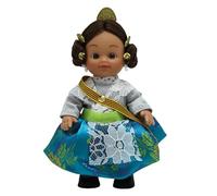 FOLK Muñeca Regional Valenciana Artesanía Original colección 15 cm. Vestido típico Fallera Valencia, Fabricada en España. (Falda Turquesa)